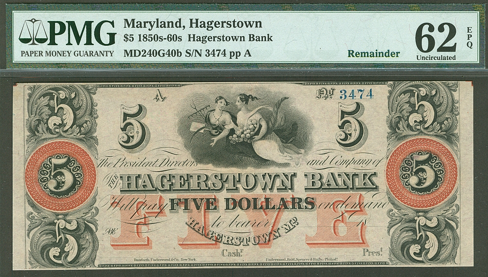 Hagerstown, MD, The Hagerstown Bank 1850s-60s $5 Remainder, 3474ppA, PMG62-EPQ
